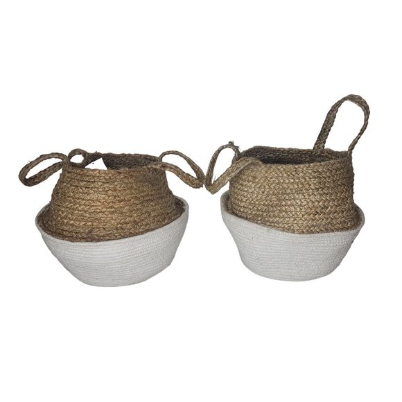 14” Boho Chic Handmade Cotton & Jute White Woven Planters set of 2 new with tag - Picture 1 of 5